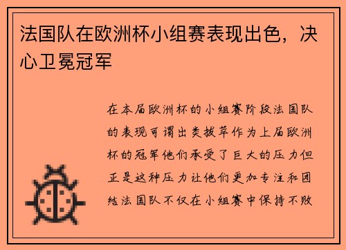法国队在欧洲杯小组赛表现出色，决心卫冕冠军